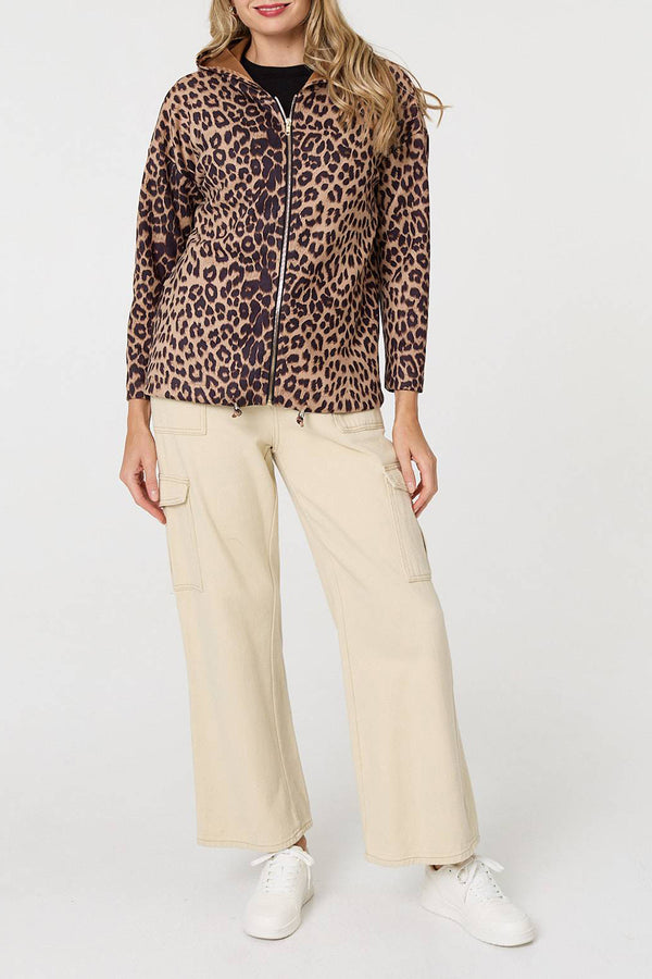 MULTI BEIGE | Animal Print Hooded Zip-Up Jacket