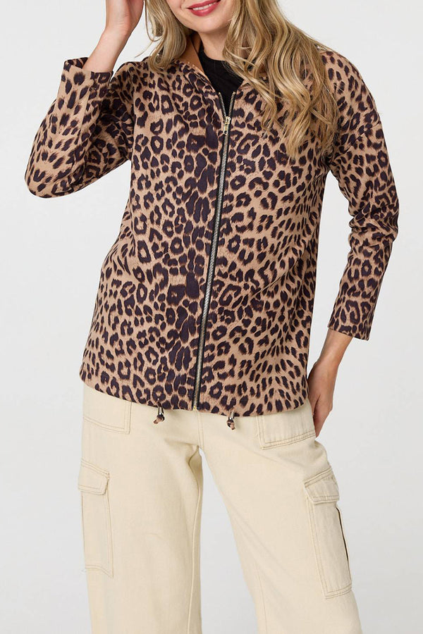 MULTI BEIGE | Animal Print Hooded Zip-Up Jacket