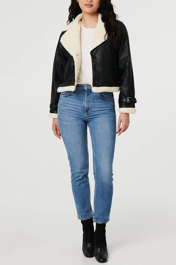 BLACK | Faux Leather Fur Lined Cropped Jacket