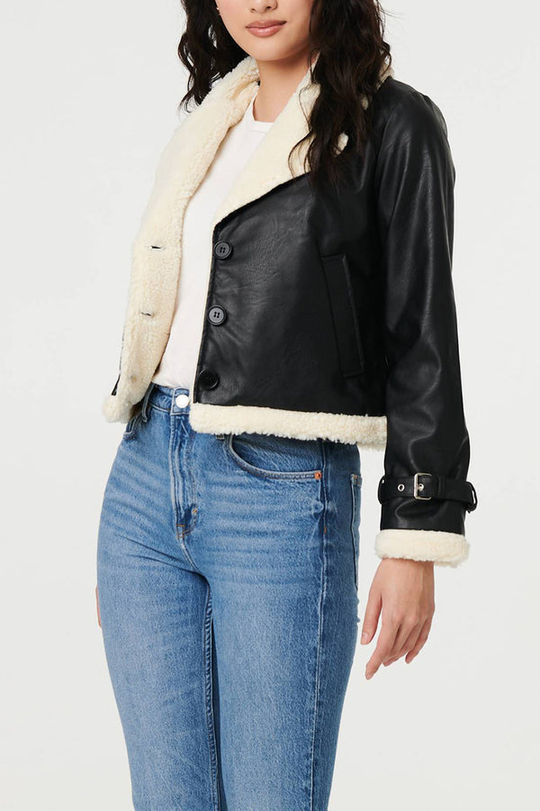 BLACK | Faux Leather Fur Lined Cropped Jacket