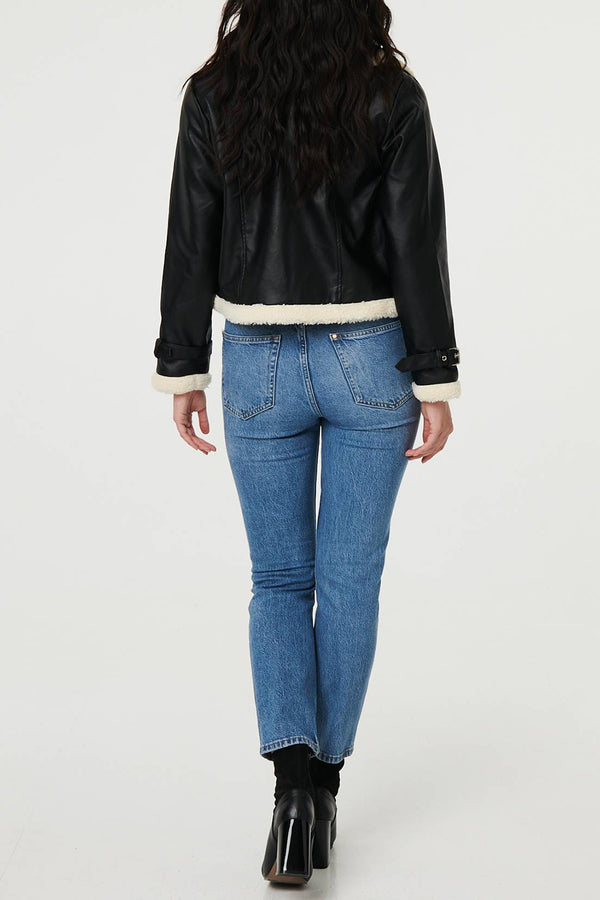 BLACK | Faux Leather Fur Lined Cropped JacketV