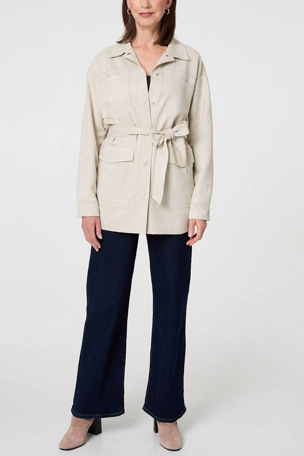 BEIGE | Faux Suede Tie Waist Relaxed Shacket