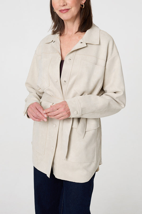 BEIGE | Faux Suede Tie Waist Relaxed Shacket