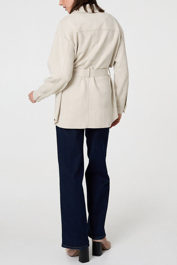 BEIGE | Faux Suede Tie Waist Relaxed Shacket