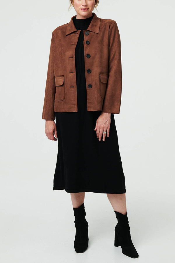 BROWN | Faux Suede Button Front Boxy Jacket