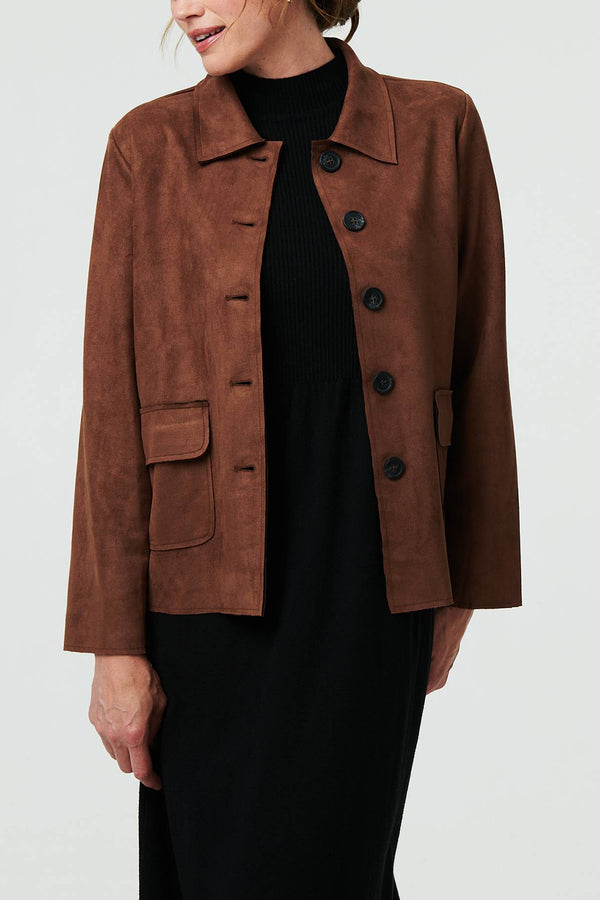 BROWN | Faux Suede Button Front Boxy Jacket