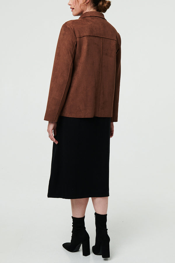 BROWN | Faux Suede Button Front Boxy Jacket