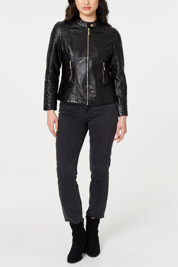 BLACK | Faux Leather Zip Front Slim Jacket