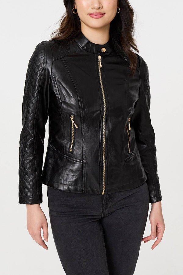 BLACK | Faux Leather Zip Front Slim Jacket