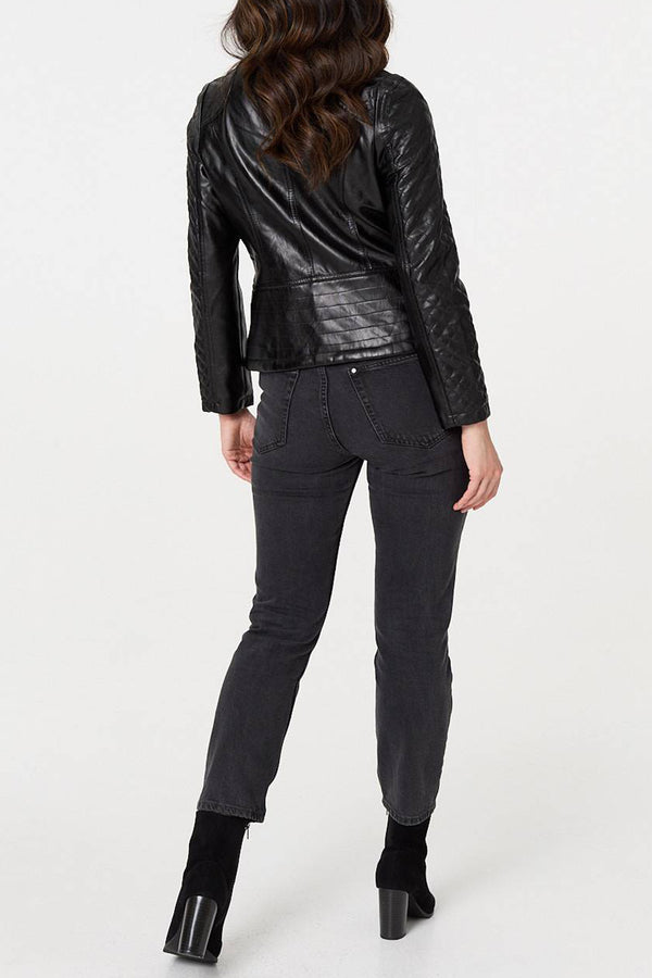 BLACK | Faux Leather Zip Front Slim Jacket