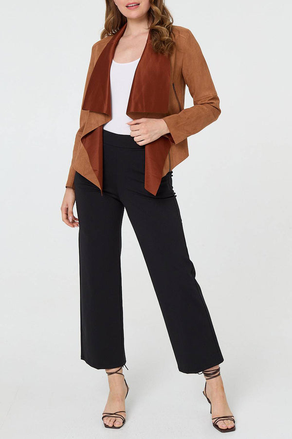 TAN| Contrast Lining Cropped Waterfall Jacket