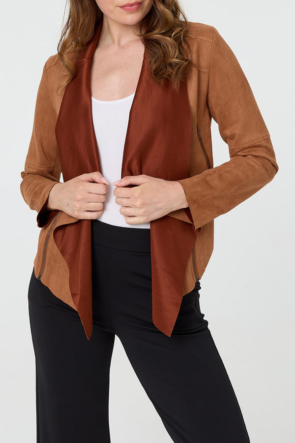 TAN| Contrast Lining Cropped Waterfall Jacket