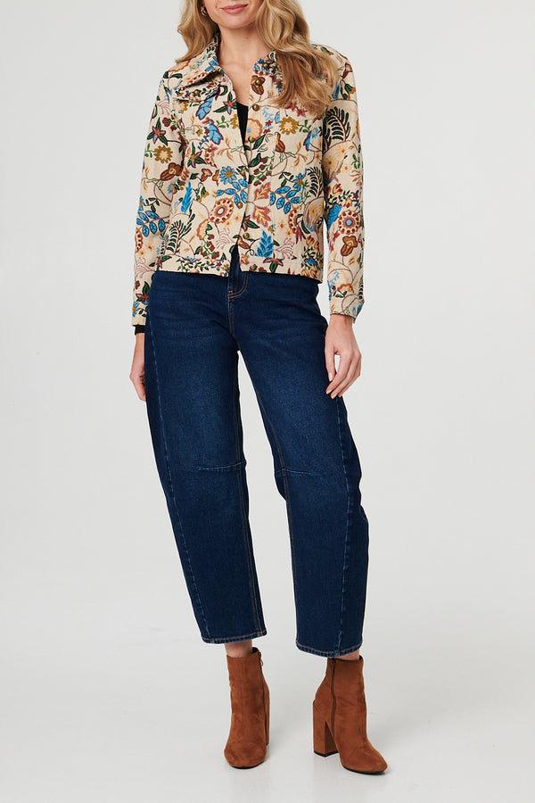 cream multi /Floral Textured Boxy Shirt Jacket