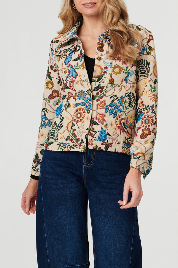 cream multi /Floral Textured Boxy Shirt Jacket