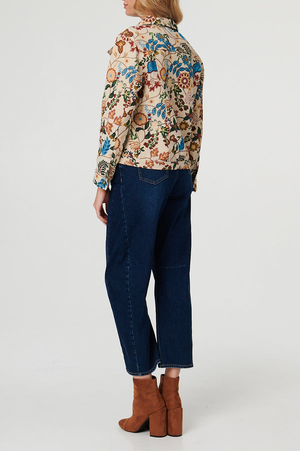 cream multi /Floral Textured Boxy Shirt Jacket