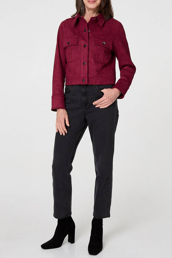 BURGUNDY | Faux Suede Cropped Long Sleeve Shacket