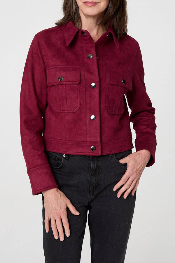 BURGUNDY | Faux Suede Cropped Long Sleeve Shacket