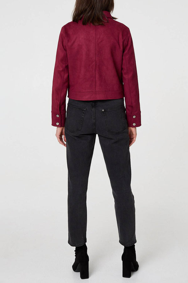 BURGUNDY | Faux Suede Cropped Long Sleeve Shacket
