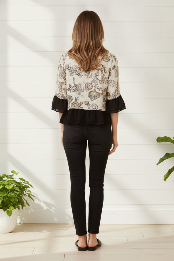 Paisley 3/4 Sleeve Flare Hem Jacket| MULTICREAM