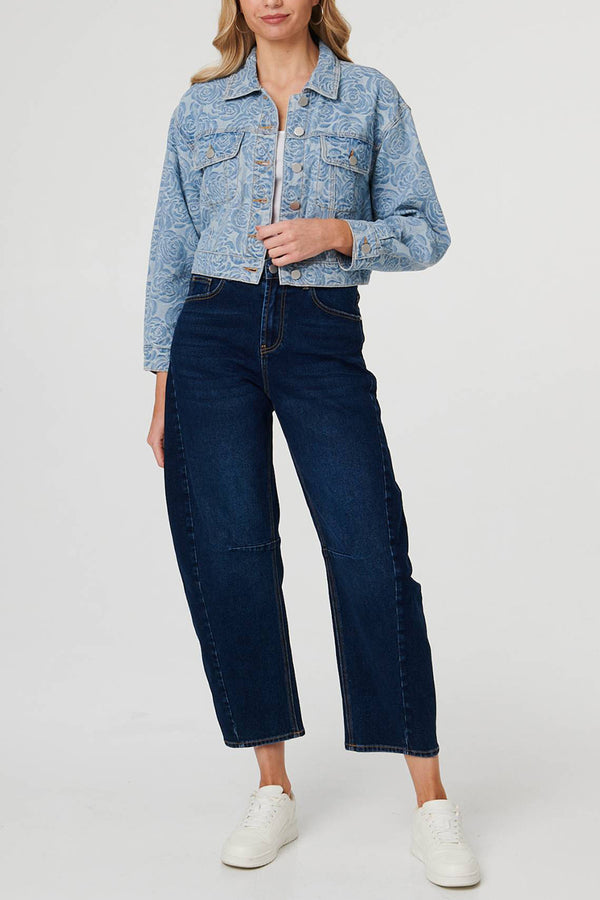 Denim | Floral Printed Cropped Denim Jacket
