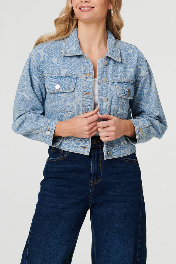 Denim | Floral Printed Cropped Denim Jacket