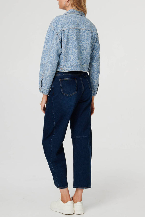 Denim | Floral Printed Cropped Denim Jacket