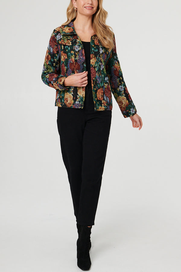 BLACK | Floral Jacquard Collared Boxy Jacket