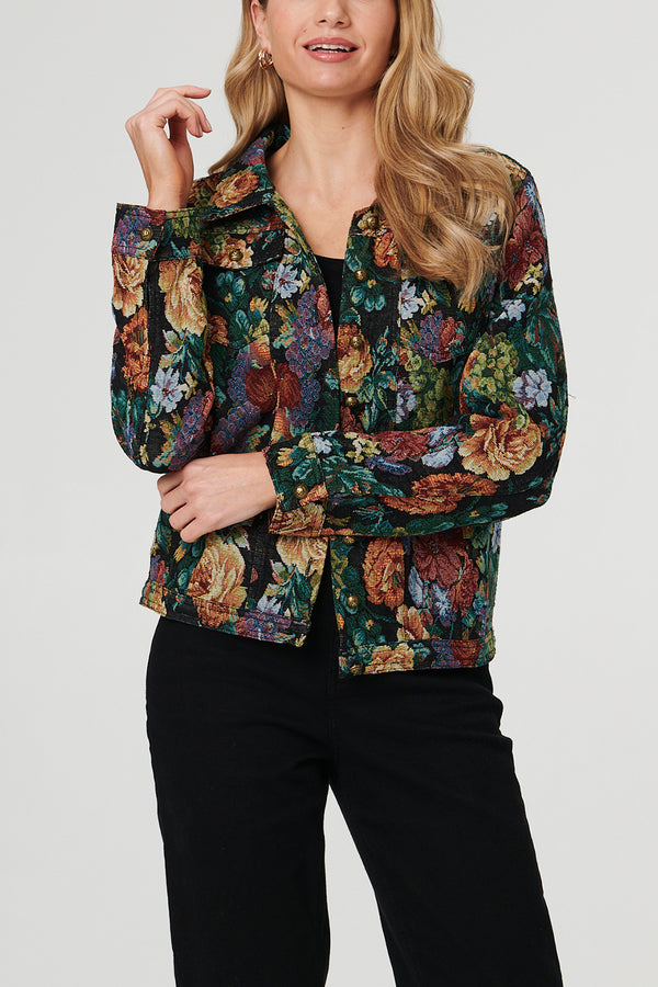 BLACK | Floral Jacquard Collared Boxy Jacket
