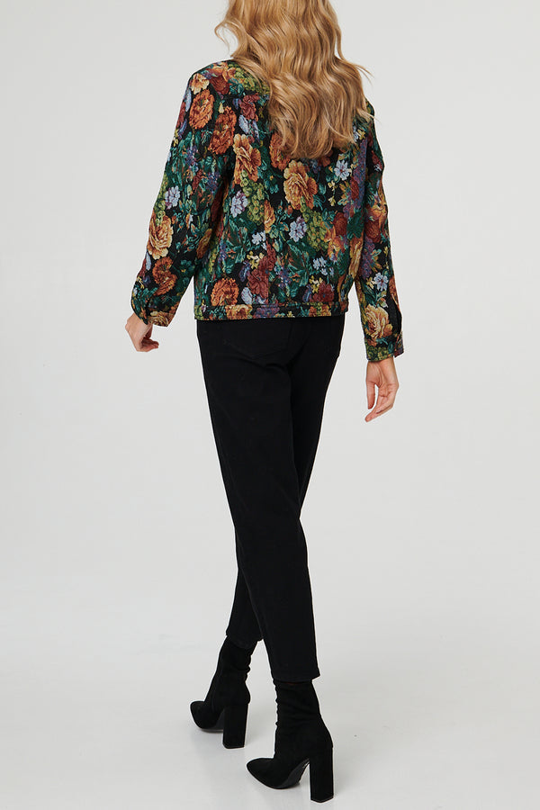 BLACK | Floral Jacquard Collared Boxy Jacket