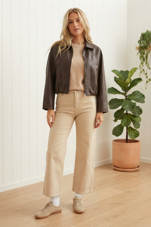 Faux Leather Cropped Collared Jacket| CHOCOLATE