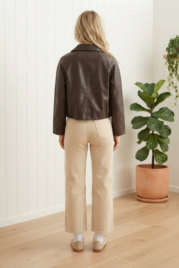 Faux Leather Cropped Collared Jacket| CHOCOLATE