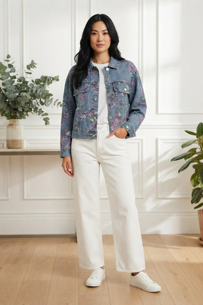 Floral Button Front Denim Jacket| DENIM