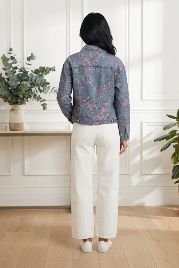 Floral Button Front Denim Jacket| DENIM