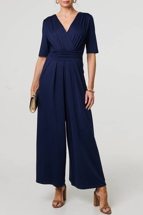 NAVY | 1/2 Sleeve Ruched V-Neck Maxi Jumpsuit