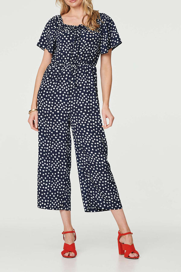 NAVY | Polka Dot Print Cropped Jumpsuit