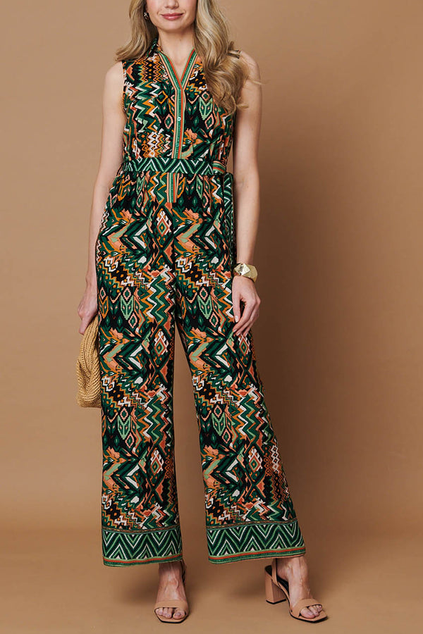 Abstract Sleeveless Tie Waist Jumpsuit| MULTI GREEN