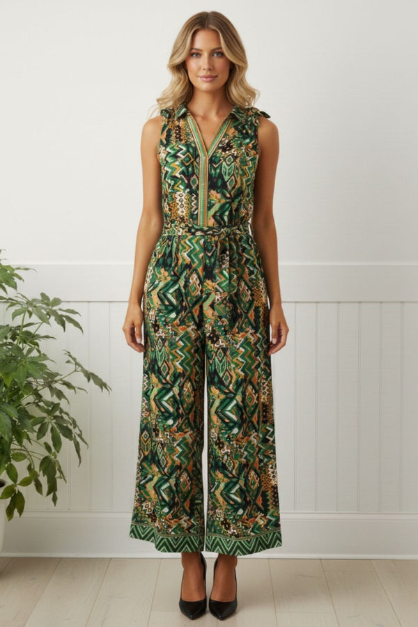 Abstract Sleeveless Tie Waist Jumpsuit