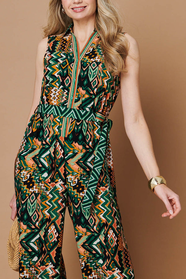 Abstract Sleeveless Tie Waist Jumpsuit| MULTI GREEN