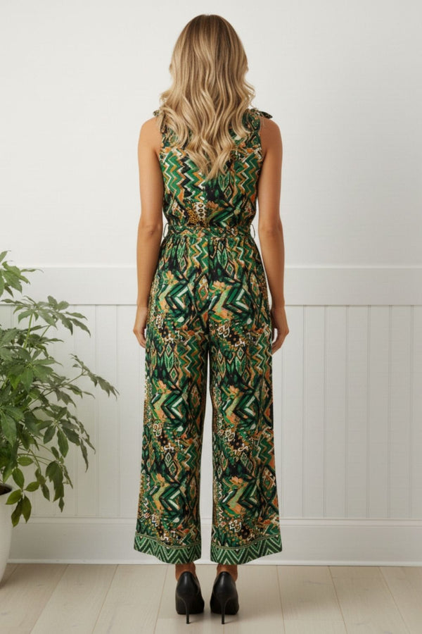 Abstract Sleeveless Tie Waist Jumpsuit