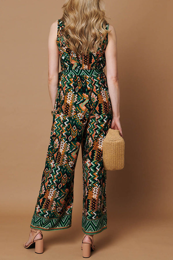 Abstract Sleeveless Tie Waist Jumpsuit| MULTI GREEN