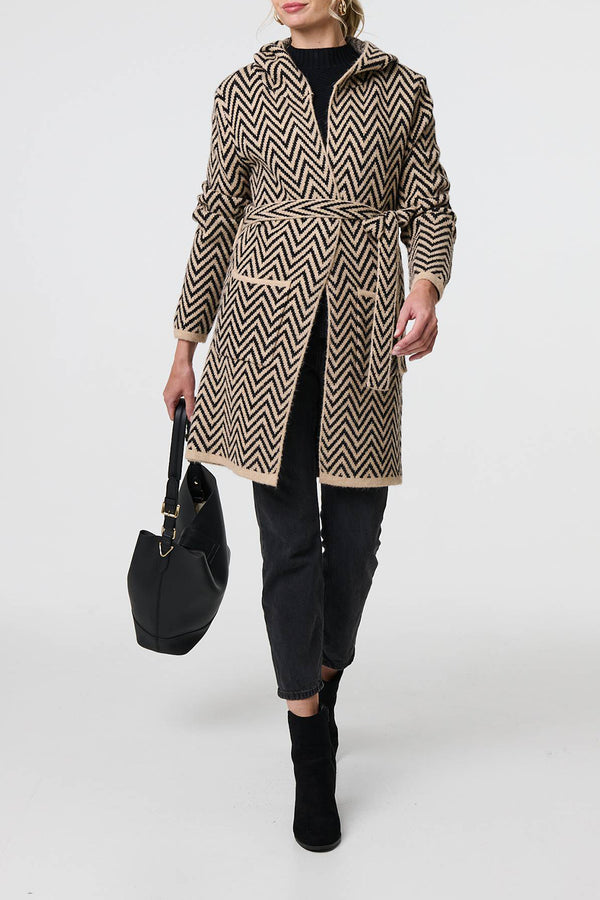 MULTI BEIGE | Chevron Hooded Cardigan