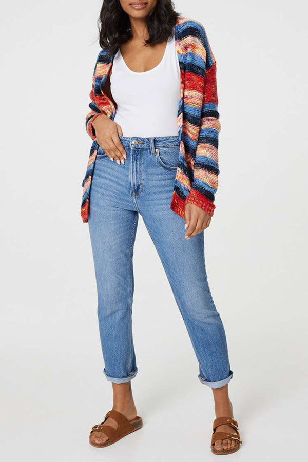 RED-BLUE | Striped Long Sleeve Open Knit Cardigan