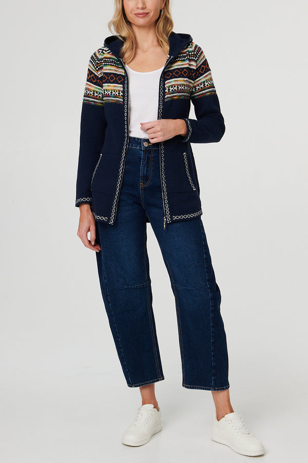 MULTI NAVY  | Aztec Print Zip Front Hooded Jumper