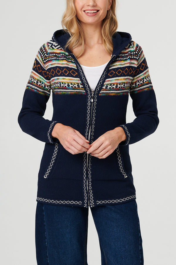 MULTI NAVY  | Aztec Print Zip Front Hooded Jumper