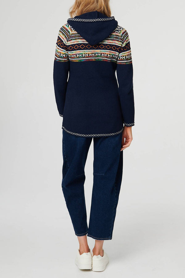 MULTI NAVY  | Aztec Print Zip Front Hooded Jumper