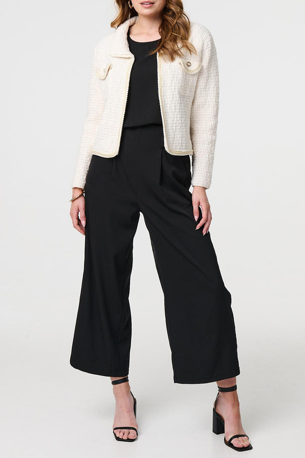 CREAM | Textured Knit Pocket Front Crop Jacket