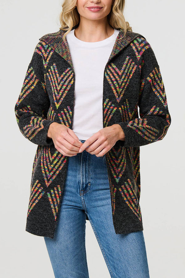 MULTI GREY | Abstract Print Longline Knit Hooded Jacket