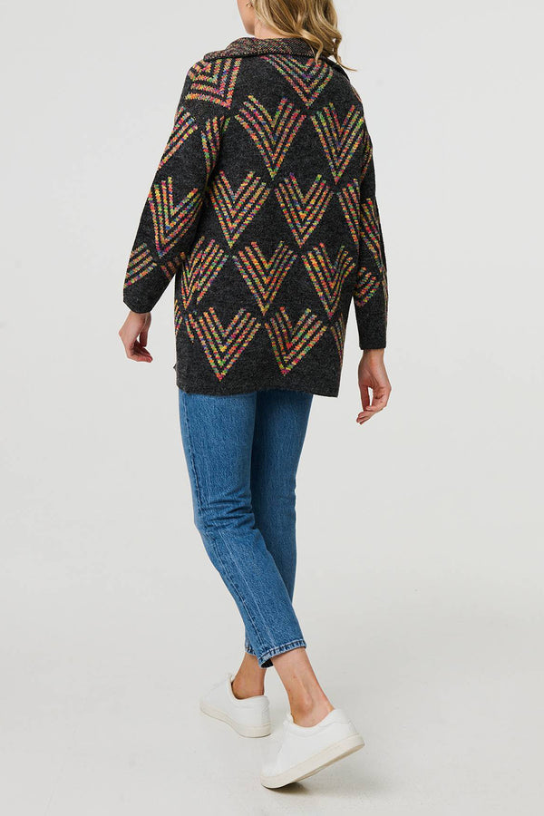 MULTI GREY | Abstract Print Longline Knit Hooded Jacket