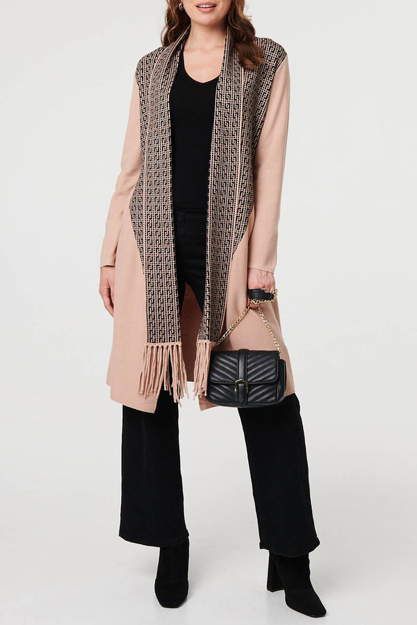 BEIGE | Printed Tassel Scarf Longline Jacket