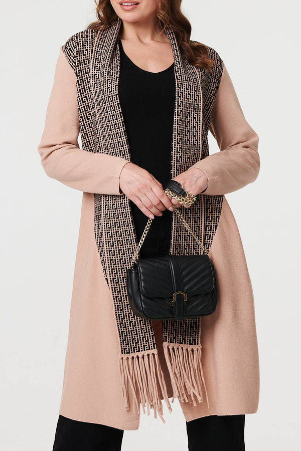 BEIGE | Printed Tassel Scarf Longline Jacket